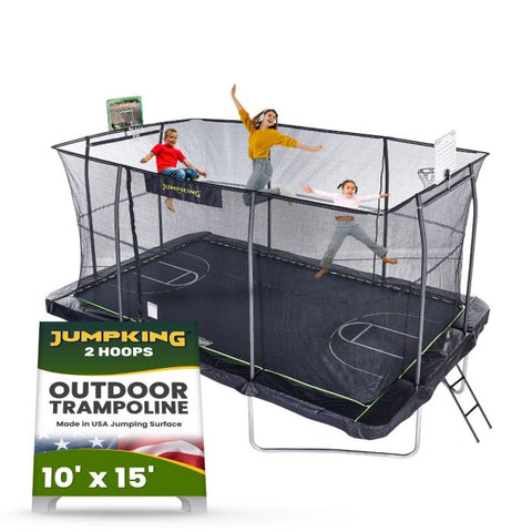Image of Jumpking 10'x15' Rectangle Trampoline with 2 Powder Coated Basketball Hoops with Breakaway Rims, Enclosure Net, and Ladder
