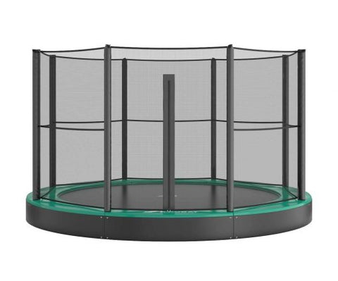 Image of Akrobat 10ft Round Primus Flat In-Ground Trampoline – Green Pad with Black Jump Mat