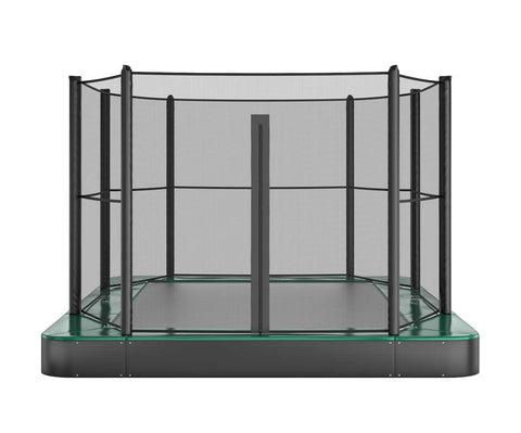 Image of Akrobat 11ft x 8ft Primus Flat In-Ground Trampoline – Green (Green Pad with Black Jump Mat)