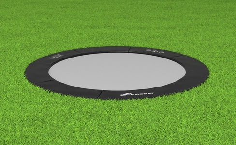 Akrobat 14ft Round Primus Flat In-Ground Trampoline – Black (Black Pad with Gray Jump Mat)