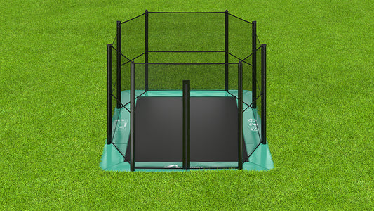 Akrobat 14ft x 10ft Primus Flat In-Ground Trampoline – Green (Green Pad with Black Jump Mat)