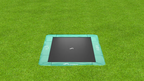 Image of Akrobat 11ft x 8ft Primus Flat In-Ground Trampoline – Green (Green Pad with Black Jump Mat)