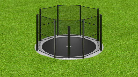 Akrobat 14ft Round Primus Flat In-Ground Trampoline – Grey (Grey Pad and Black Jump Mat)