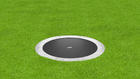 Image of Akrobat 10ft Round Primus Flat In-Ground Trampoline – Anthracite Gray Pad with Black Jump Mat