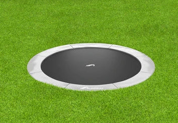 Image of Akrobat 14ft Round Primus Flat In-Ground Trampoline – Grey (Grey Pad and Black Jump Mat)