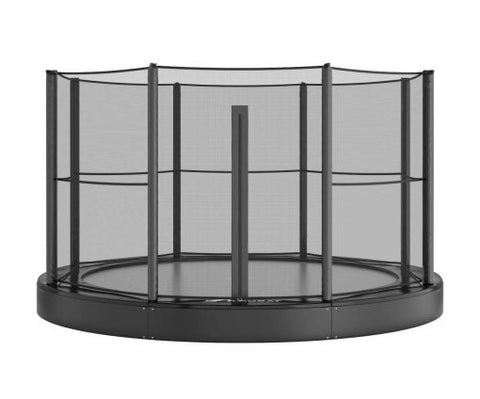 Image of Akrobat 14ft Round Primus Flat In-Ground Trampoline – Black (Black Pad with Gray Jump Mat)