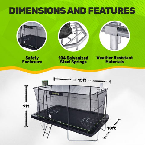 Image of Jumpking 10'x15' Rectangle Trampoline with 2 Powder Coated Basketball Hoops with Breakaway Rims, Enclosure Net, and Ladder