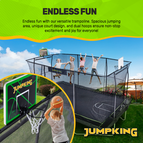 Image of Jumpking 10'x15' Rectangle Trampoline with 2 Powder Coated Basketball Hoops with Breakaway Rims, Enclosure Net, and Ladder